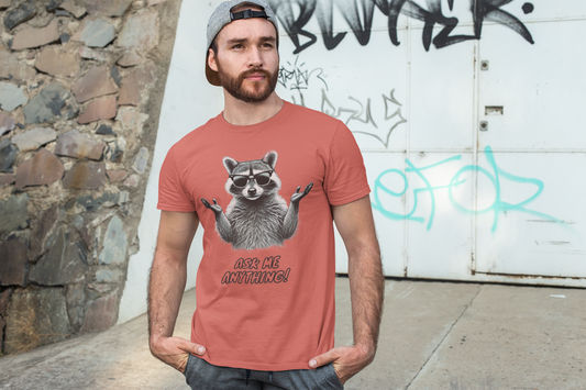 Men's heavy cotton T-shirt featuring a playful raccoon wearing sunglasses