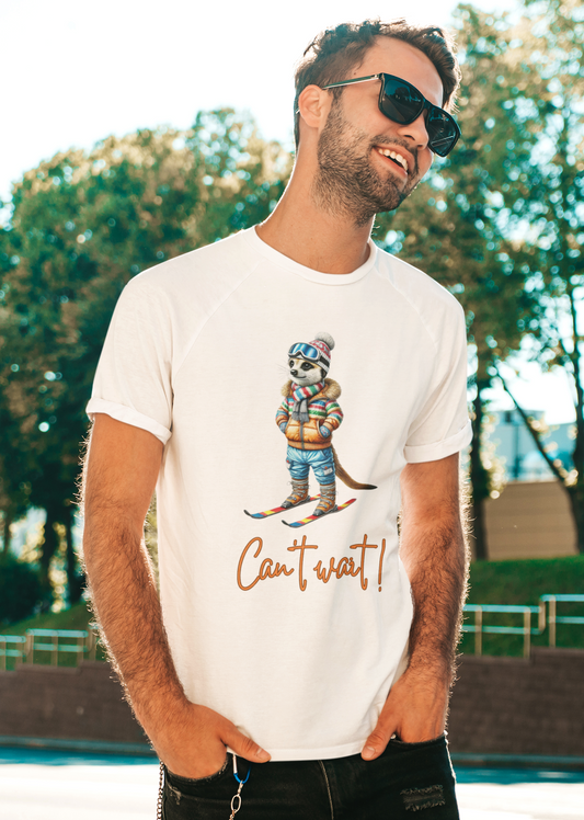 Men's heavy cotton T-shirt featuring a skiing meerkat in vibrant winter attire