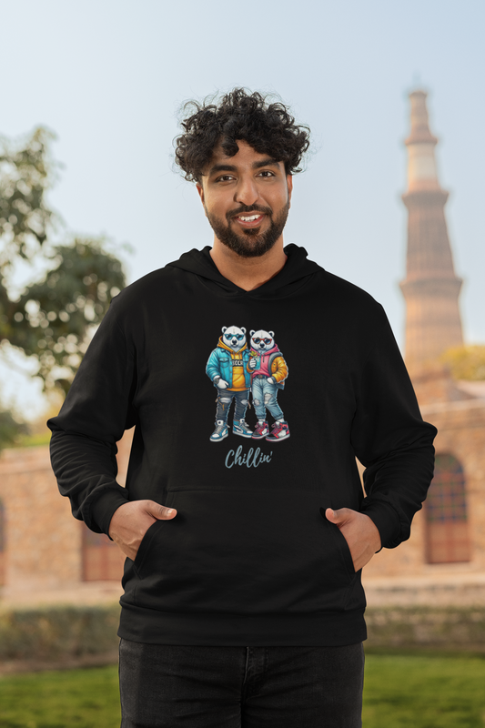 Chillin' unisex hoodie with Ice Bear duo in vibrant streetwear design.