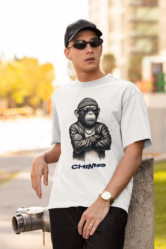 Men's heavy cotton T-shirt featuring a cool thug life chimp in a leather jacket