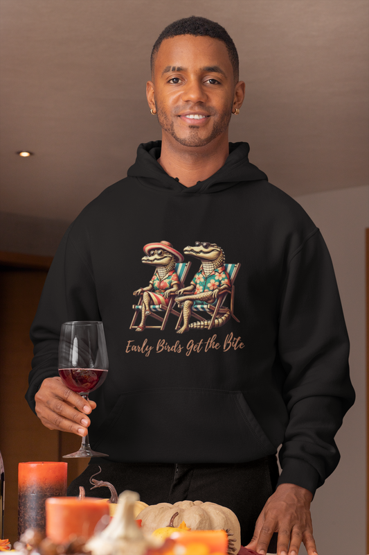 Early Birds Get the Bite Men's Heavy Blend Hoodie with a crocodile couple relaxing in tropical outfits