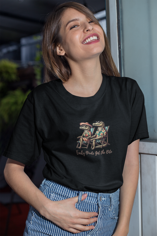 "Early Birds Get the Bite" women's heavy cotton T-shirt with tropical crocodile beach design.