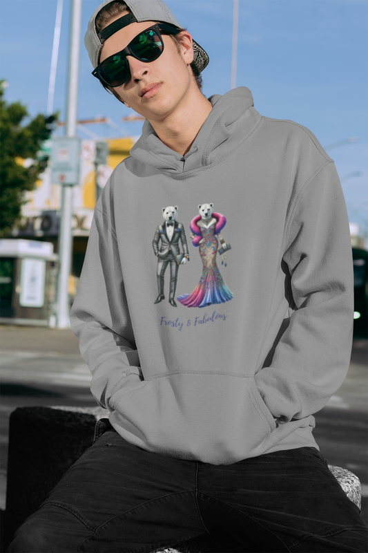 Frosty & Fabulous unisex hoodie with an elegantly dressed Ice Bear couple design.