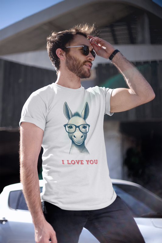 Men's heavy cotton T-shirt featuring a cheerful donkey wearing glasses with the text "I Love You"