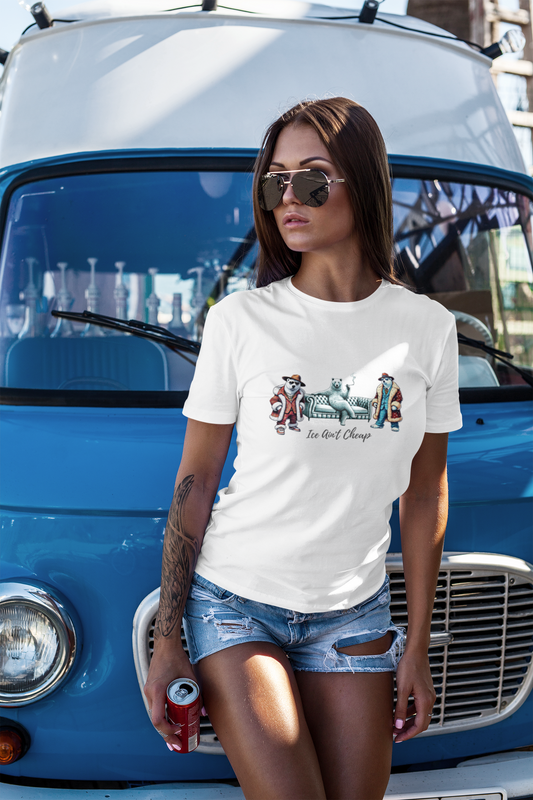 "Ice Ain't Cheap" women's heavy cotton T-shirt with polar bear luxe lounge design.