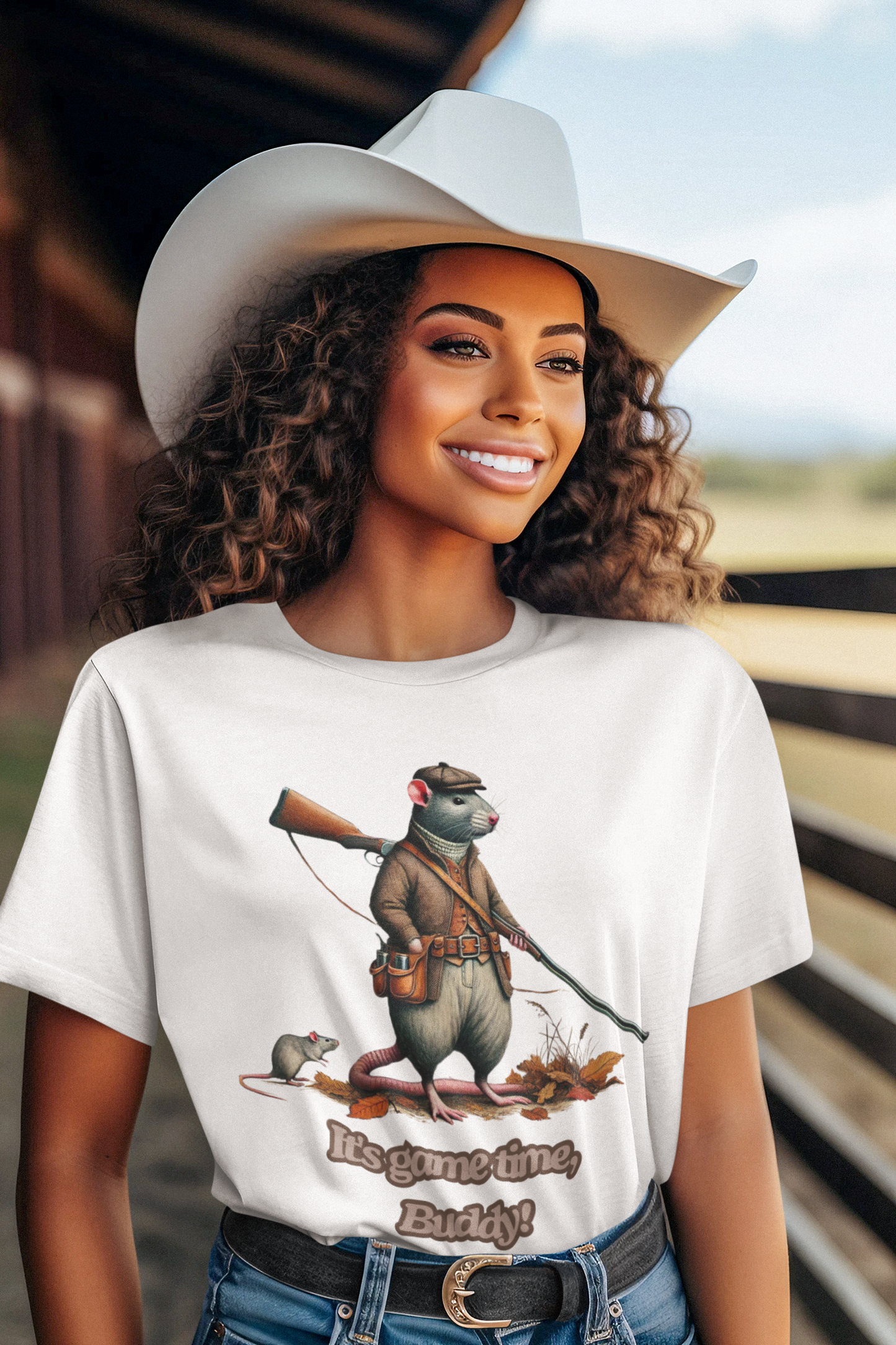 "It's Game Time, Buddy!" Women's Heavy Cotton T-Shirt featuring a bold rat hunter design