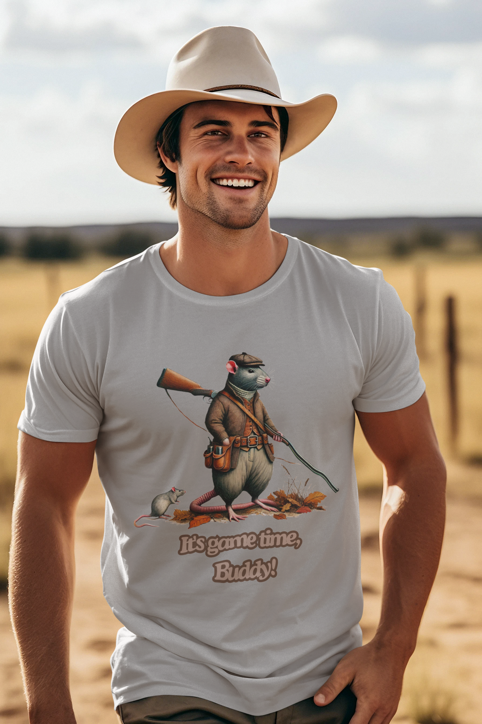 Men's heavy cotton T-shirt featuring a bold rat hunter in outdoor attire