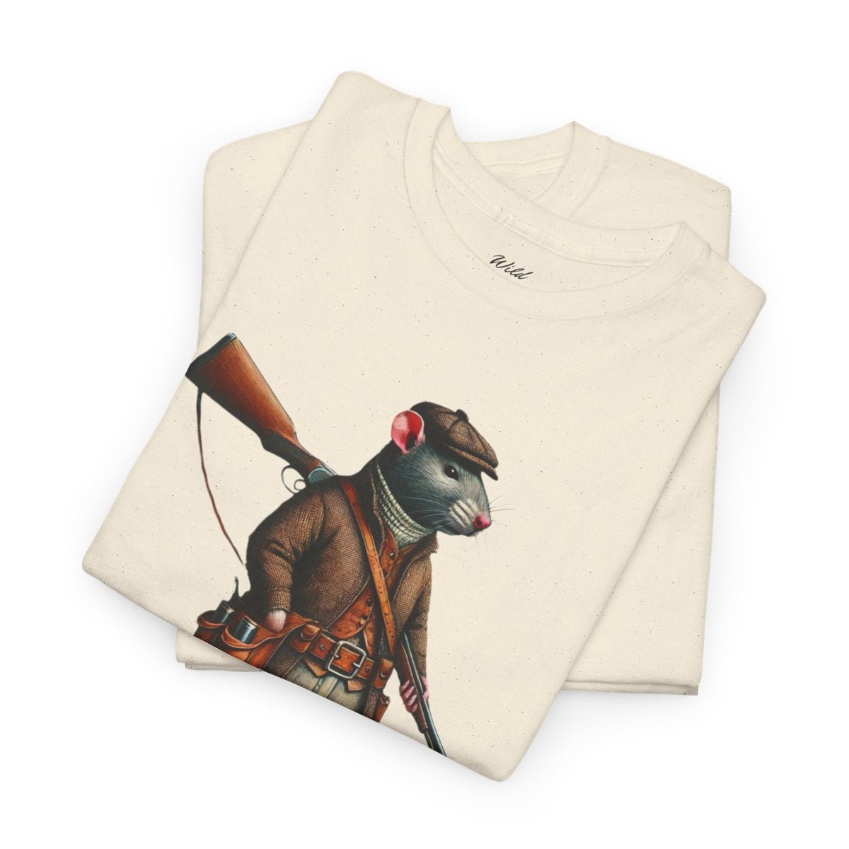 Men's heavy cotton T-shirt featuring a bold rat hunter in outdoor attire