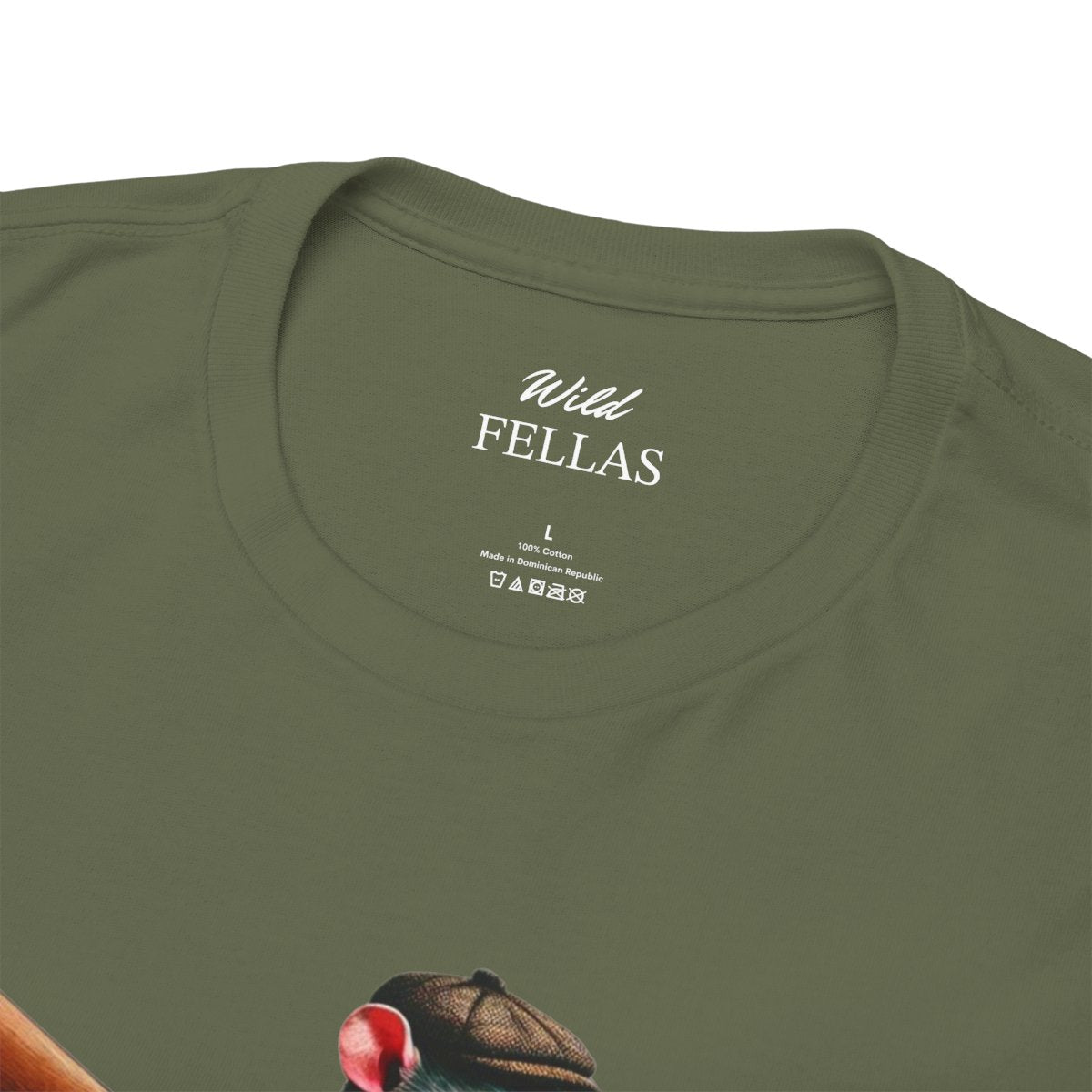 Men's heavy cotton T-shirt featuring a bold rat hunter in outdoor attire