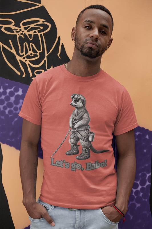 Men's heavy cotton T-shirt featuring a climbing meerkat in full adventure gear