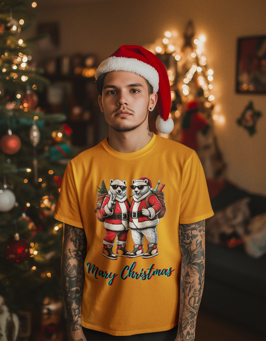 Men's heavy cotton T-shirt featuring an ice bear Santa duo in festive outfits