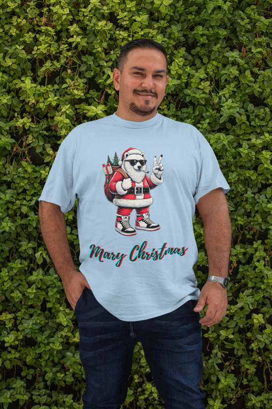 Men's heavy cotton T-shirt featuring a funny ice bear Santa design with sunglasses and a peace sign