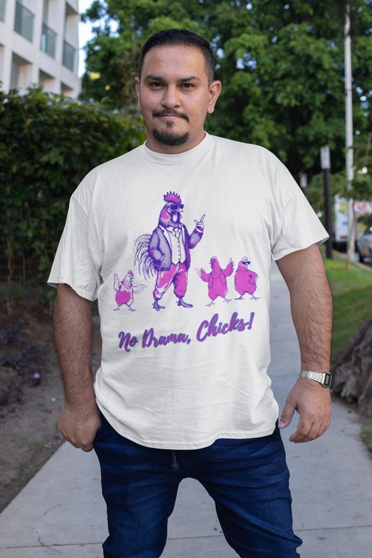 Men's heavy cotton T-shirt featuring a stylish rooster and vibrant hens in bold pink outfits