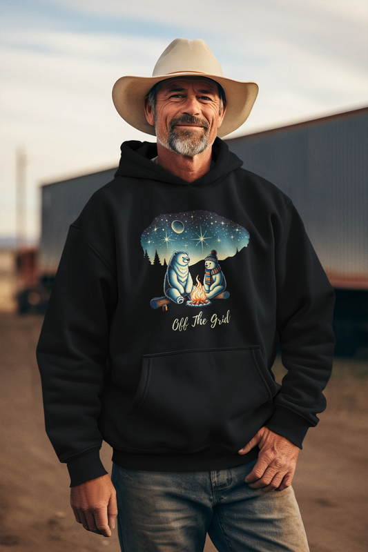 Off The Grid unisex hoodie with Ice Bear duo around a campfire under a starlit sky design.