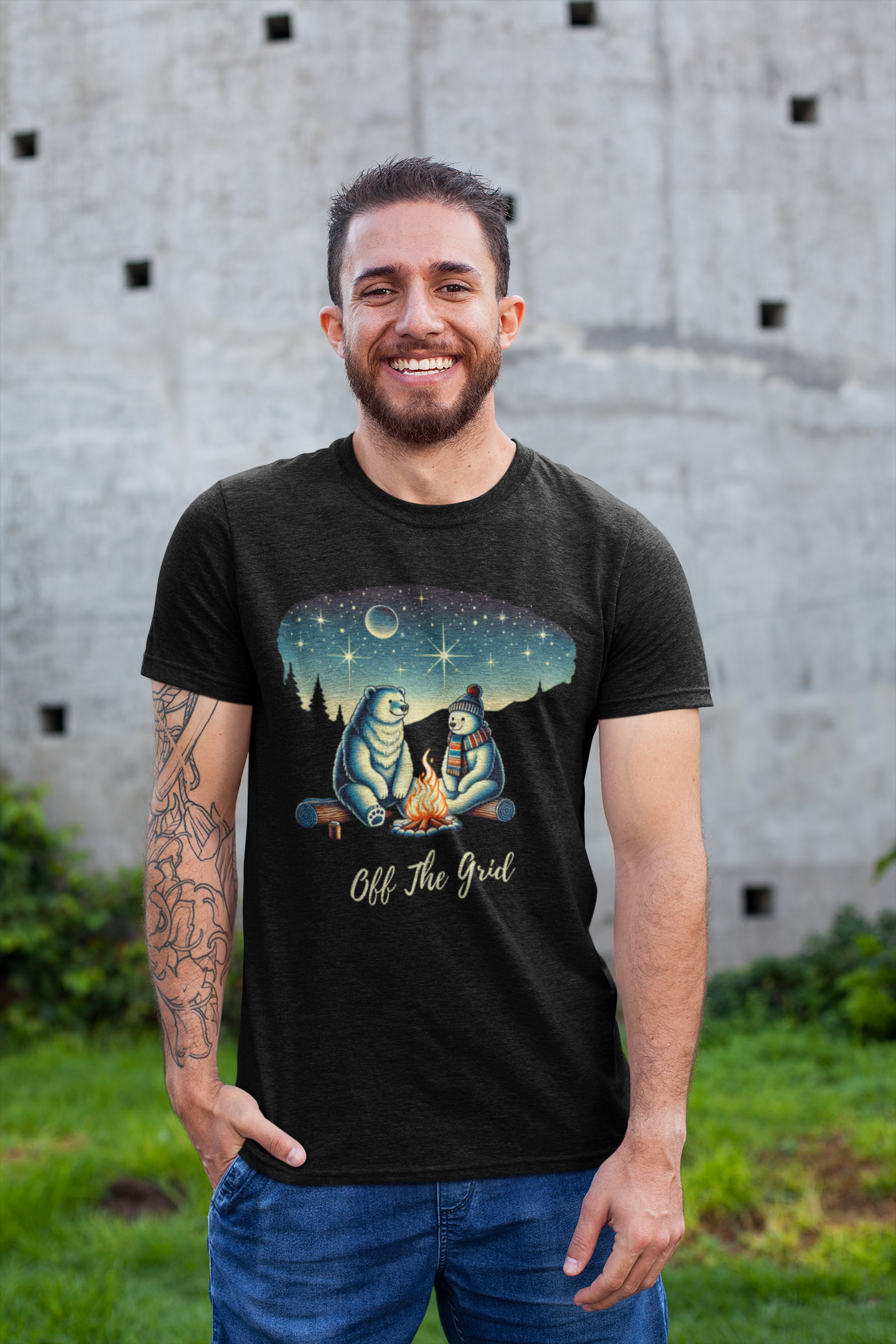 Men's heavy cotton t-shirt featuring polar bears camping under a starlit sky