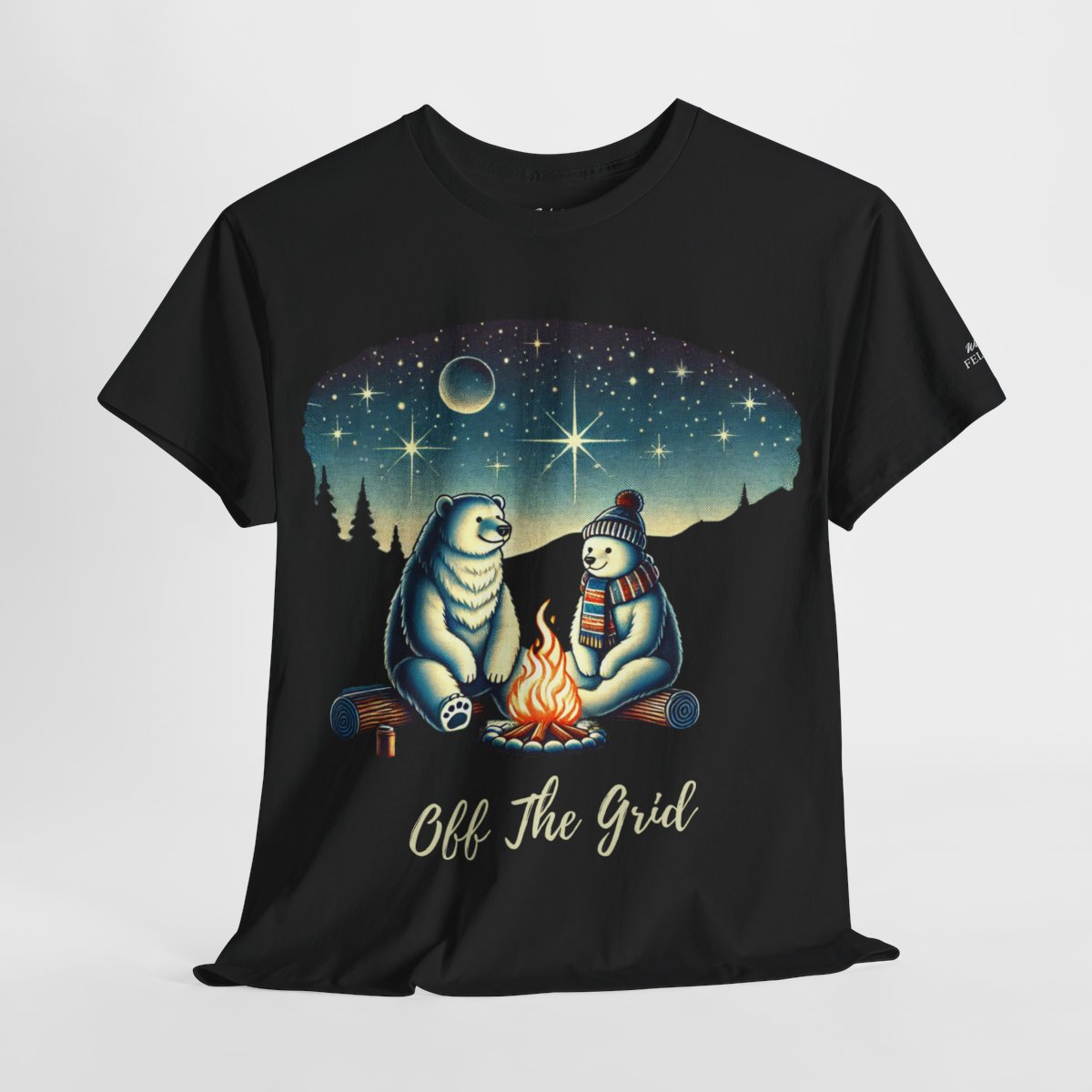 Men's heavy cotton t-shirt featuring polar bears camping under a starlit sky