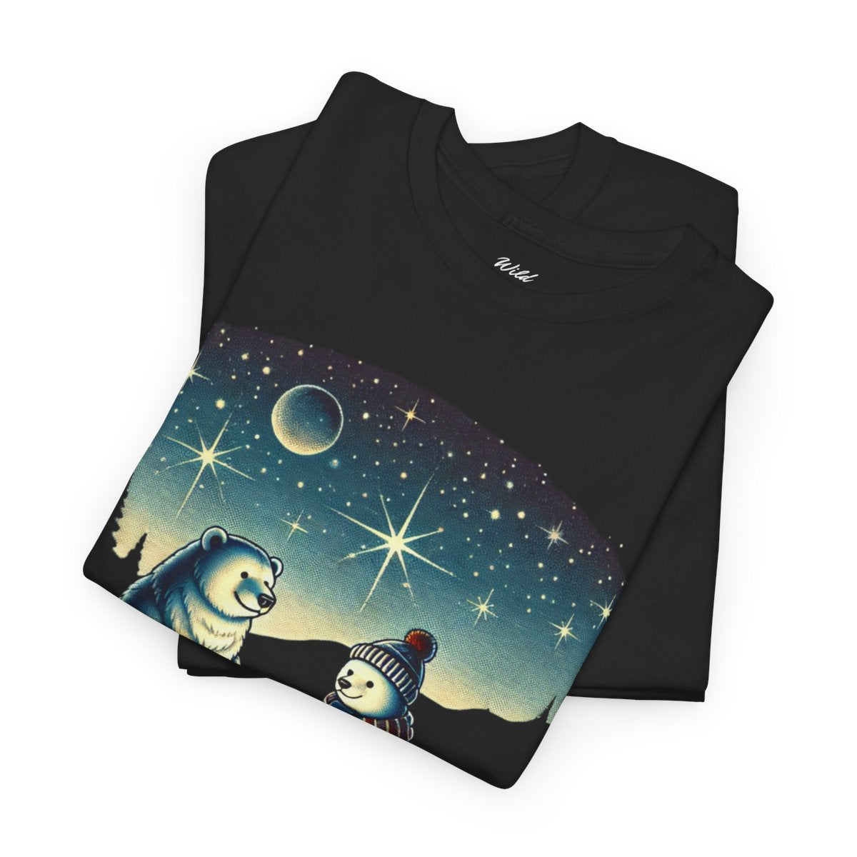 Men's heavy cotton t-shirt featuring polar bears camping under a starlit sky