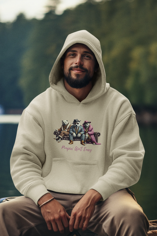 Pimpin' Ain't Easy Men's Heavy Blend Hoodie with three stylish ice bears in luxurious outfits