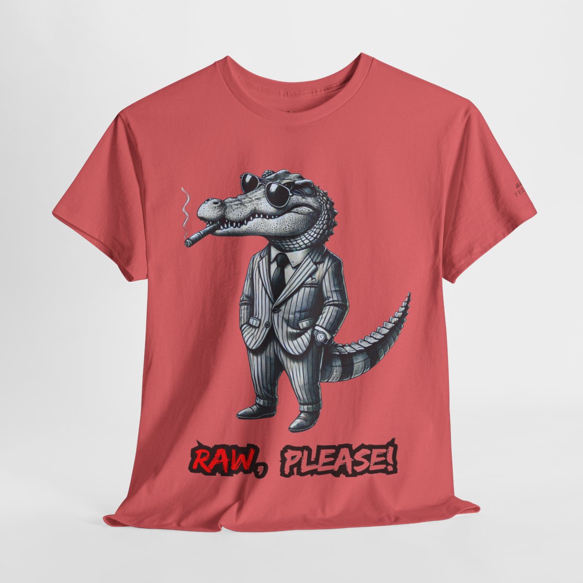 "Raw, Please!" Women's Heavy Cotton T-Shirt featuring a stylish crocodile in a pinstripe suit design