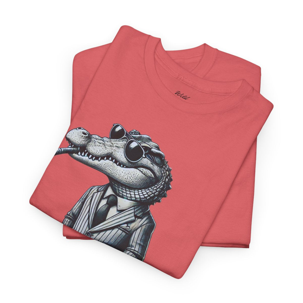 "Raw, Please!" Women's Heavy Cotton T-Shirt featuring a stylish crocodile in a pinstripe suit design