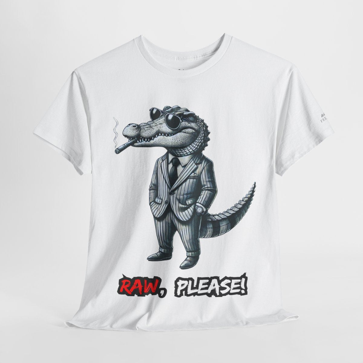 "Raw, Please!" Women's Heavy Cotton T-Shirt featuring a stylish crocodile in a pinstripe suit design