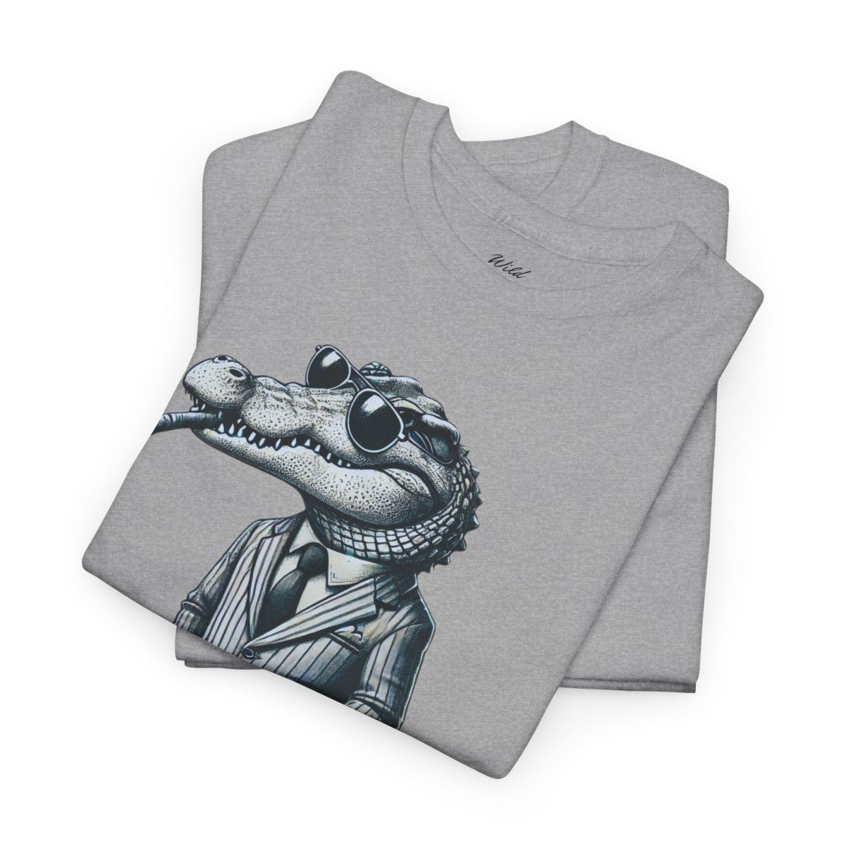 "Raw, Please!" Women's Heavy Cotton T-Shirt featuring a stylish crocodile in a pinstripe suit design