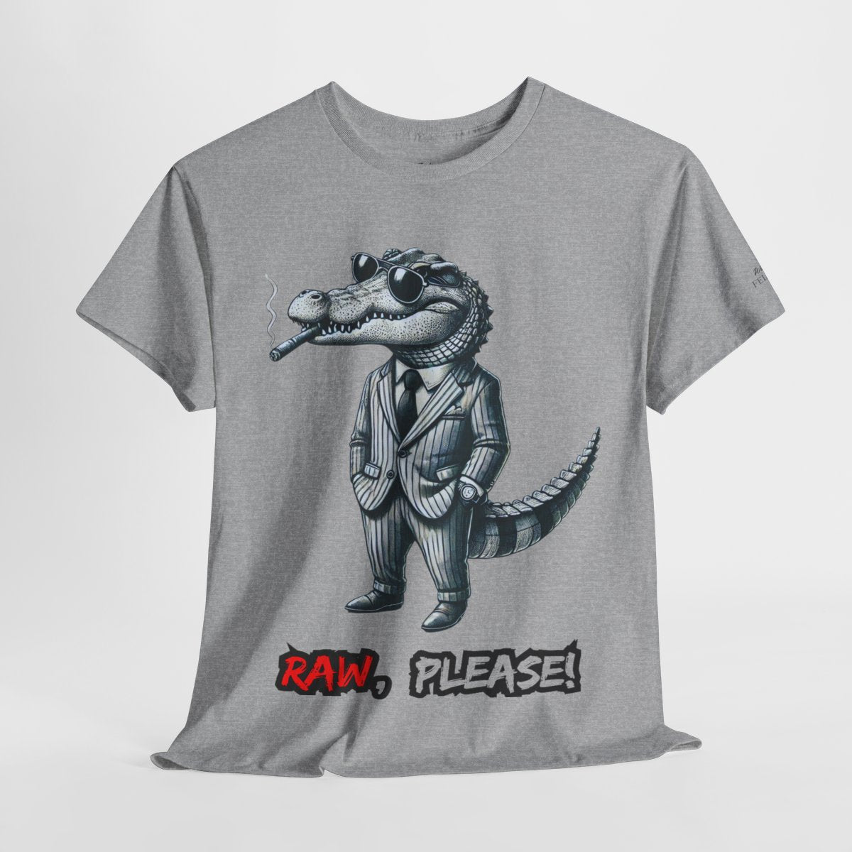 "Raw, Please!" Women's Heavy Cotton T-Shirt featuring a stylish crocodile in a pinstripe suit design