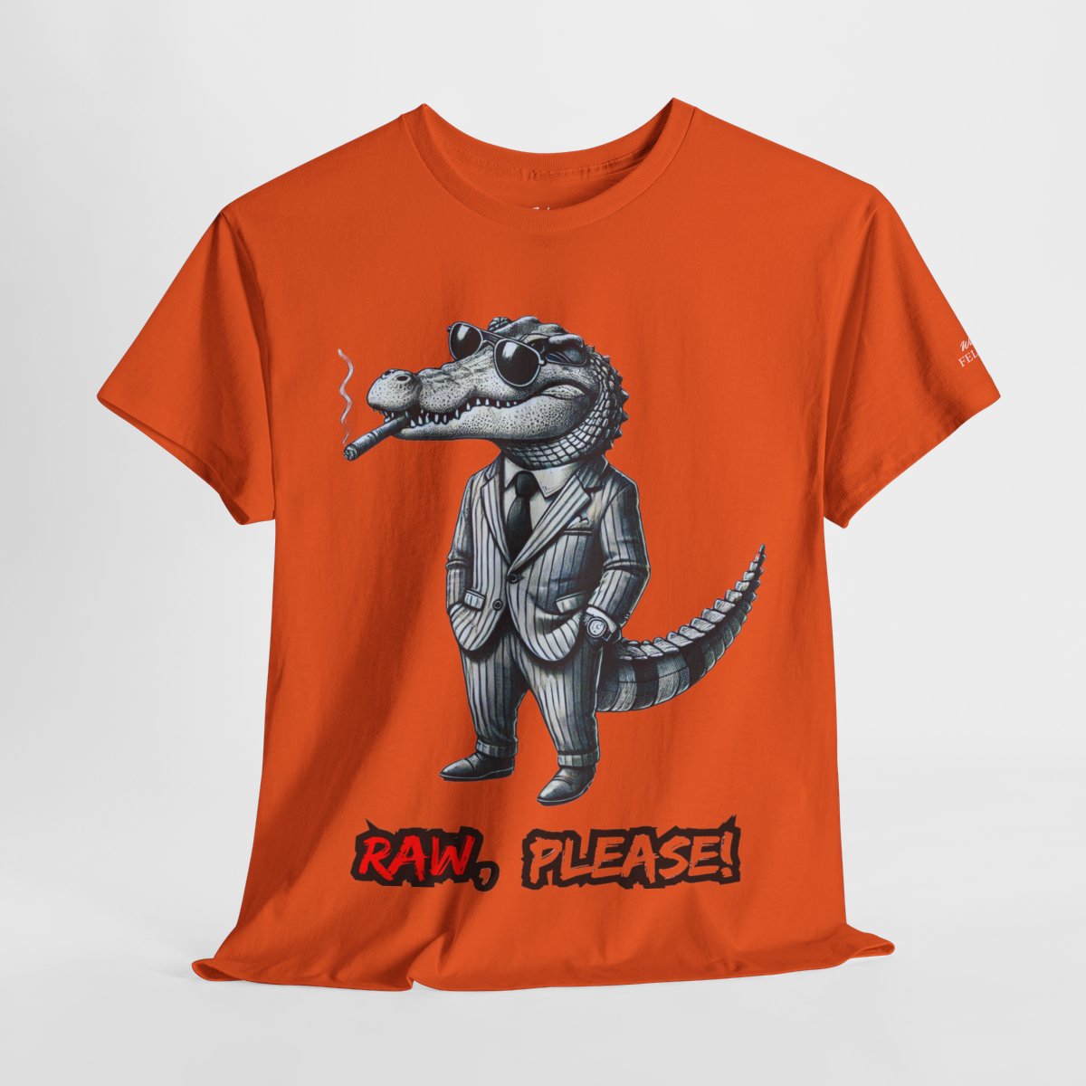 "Raw, Please!" Women's Heavy Cotton T-Shirt featuring a stylish crocodile in a pinstripe suit design