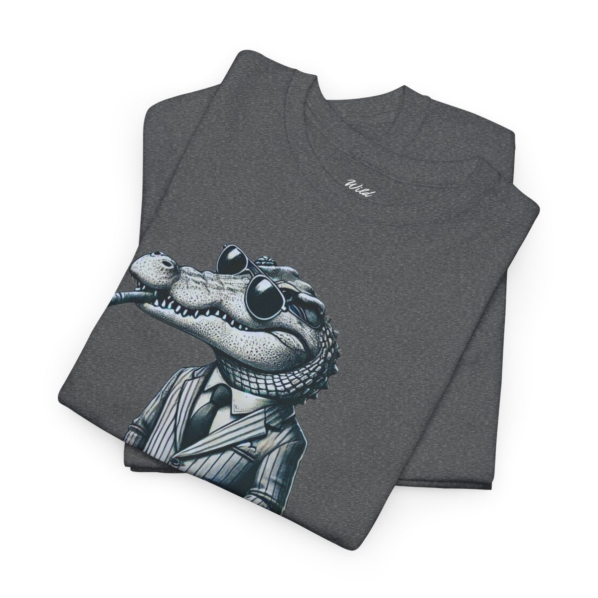 "Raw, Please!" Women's Heavy Cotton T-Shirt featuring a stylish crocodile in a pinstripe suit design