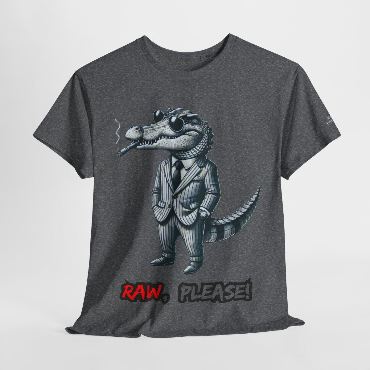 "Raw, Please!" Women's Heavy Cotton T-Shirt featuring a stylish crocodile in a pinstripe suit design