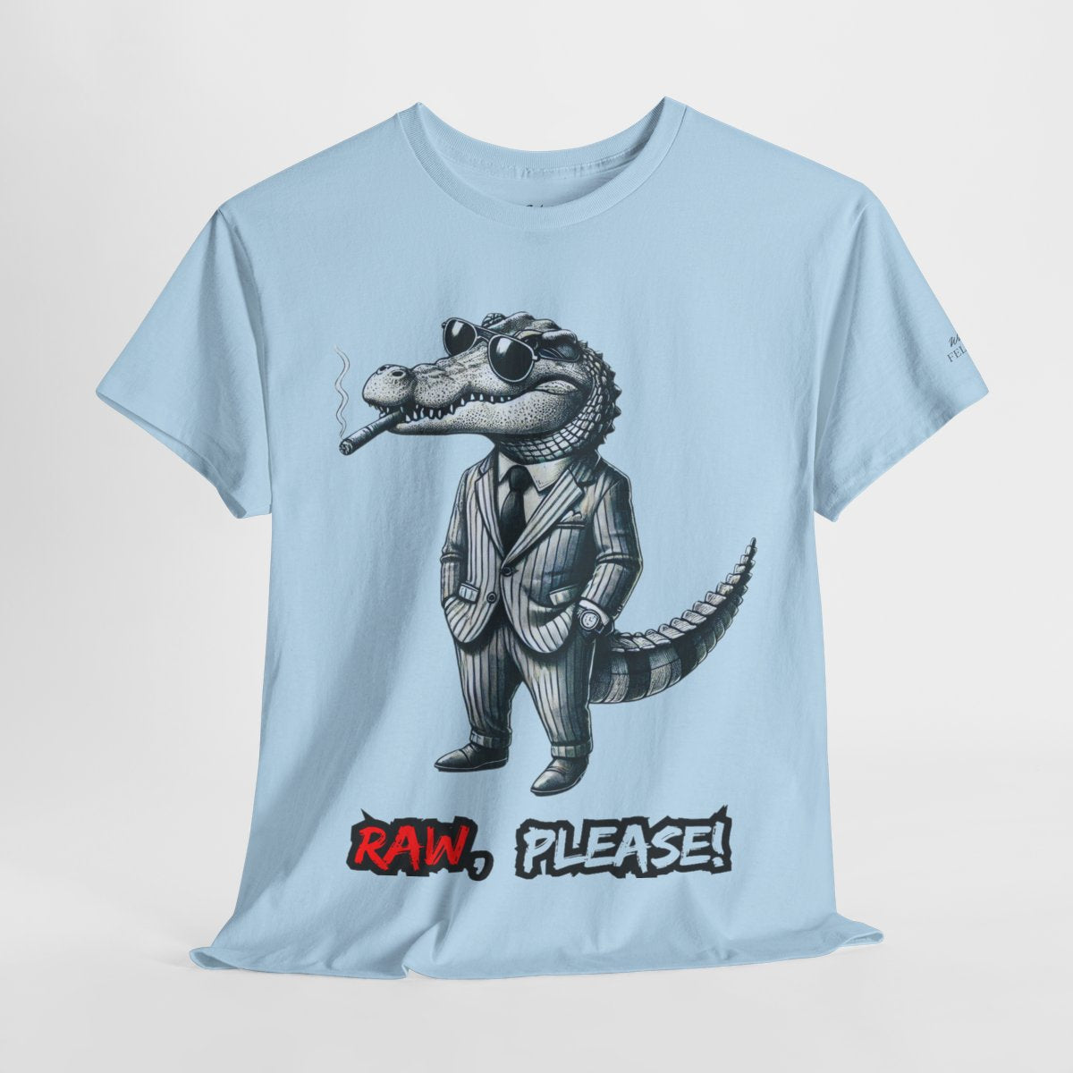 "Raw, Please!" Women's Heavy Cotton T-Shirt featuring a stylish crocodile in a pinstripe suit design