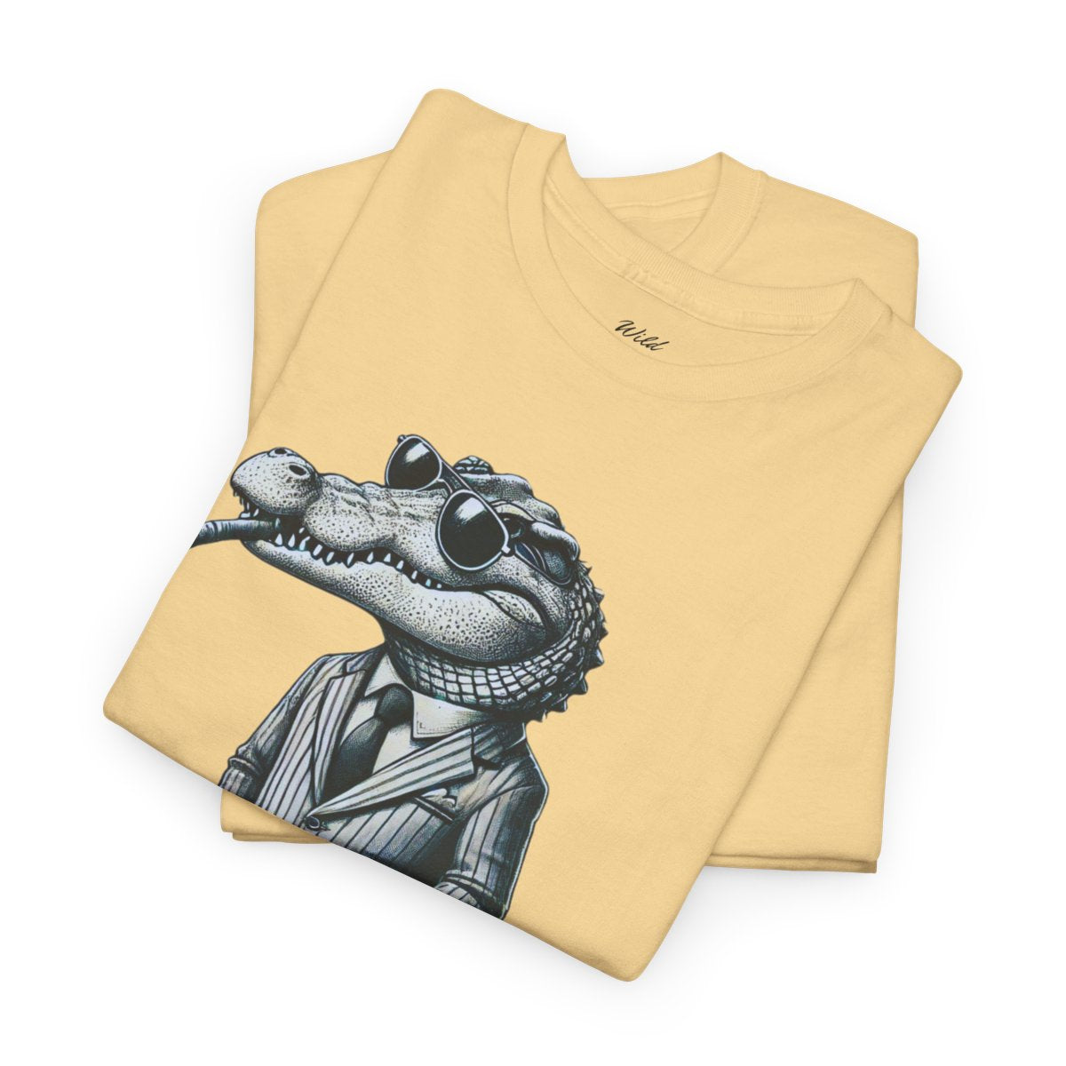 "Raw, Please!" Women's Heavy Cotton T-Shirt featuring a stylish crocodile in a pinstripe suit design