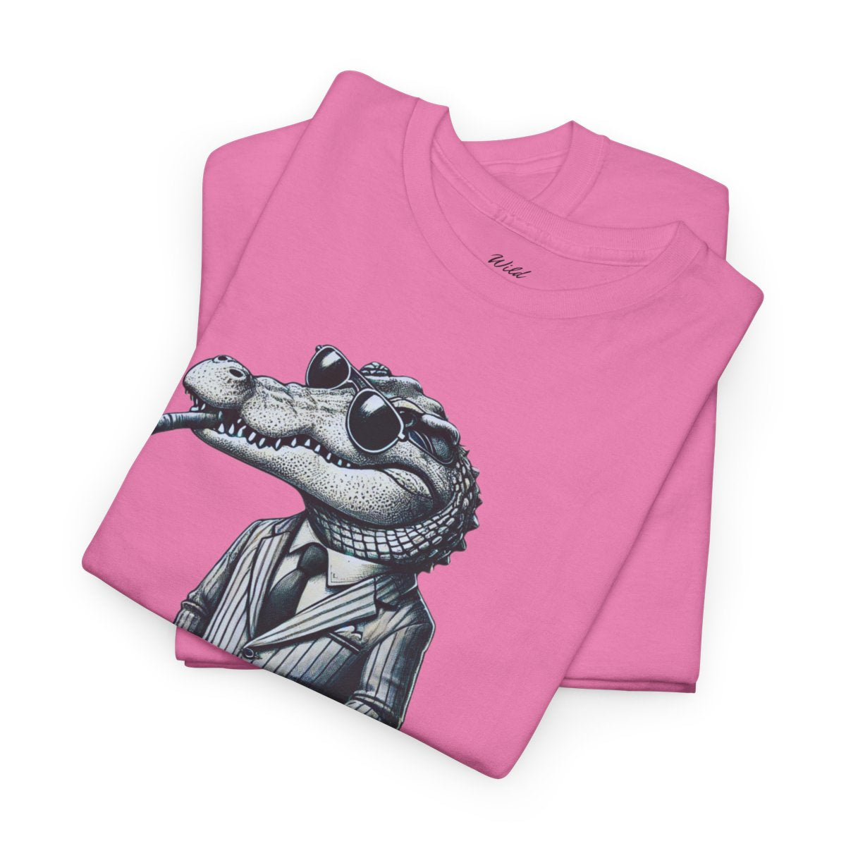 "Raw, Please!" Women's Heavy Cotton T-Shirt featuring a stylish crocodile in a pinstripe suit design