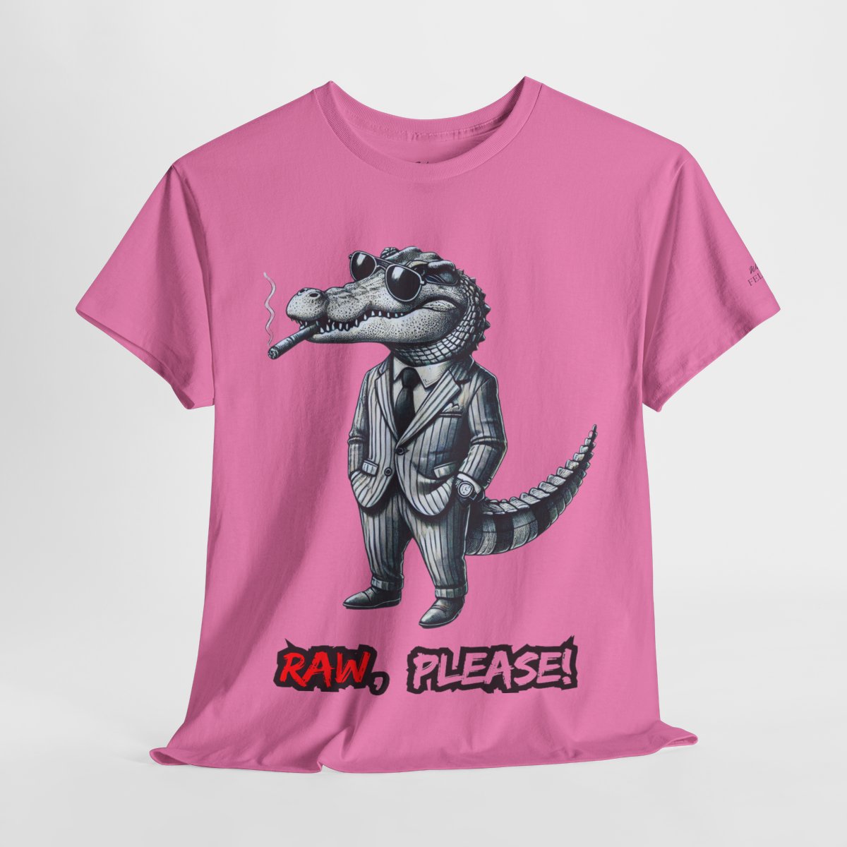 "Raw, Please!" Women's Heavy Cotton T-Shirt featuring a stylish crocodile in a pinstripe suit design