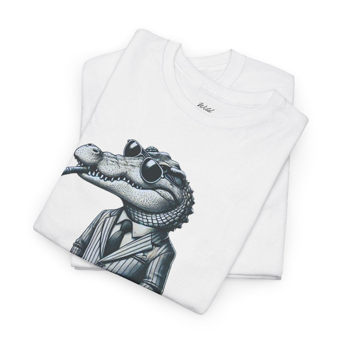 "Raw, Please!" Women's Heavy Cotton T-Shirt featuring a stylish crocodile in a pinstripe suit design