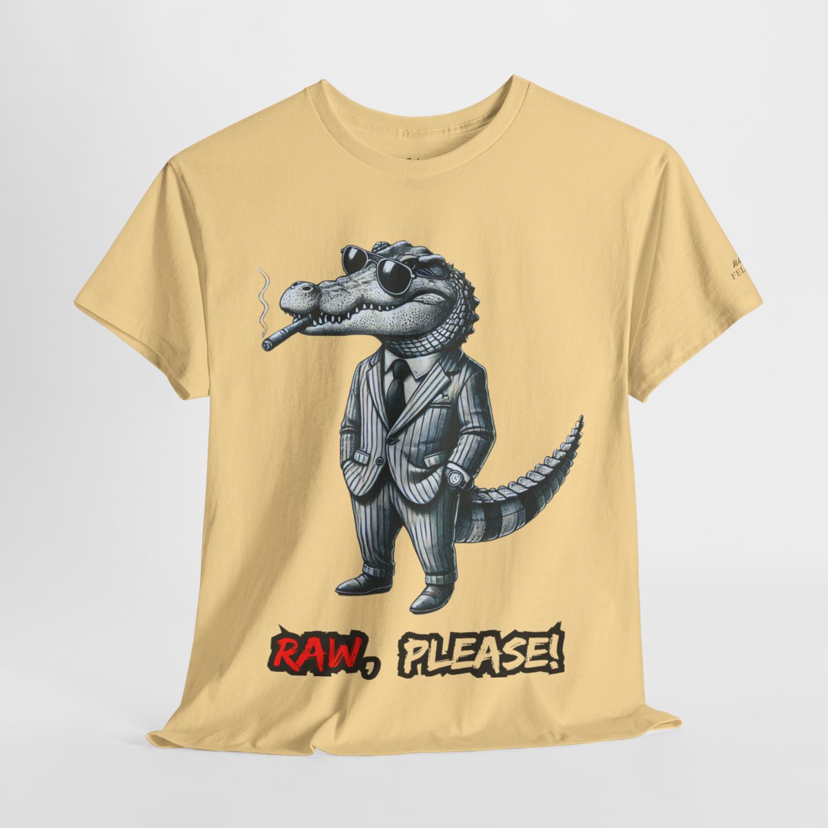 "Raw, Please!" Women's Heavy Cotton T-Shirt featuring a stylish crocodile in a pinstripe suit design