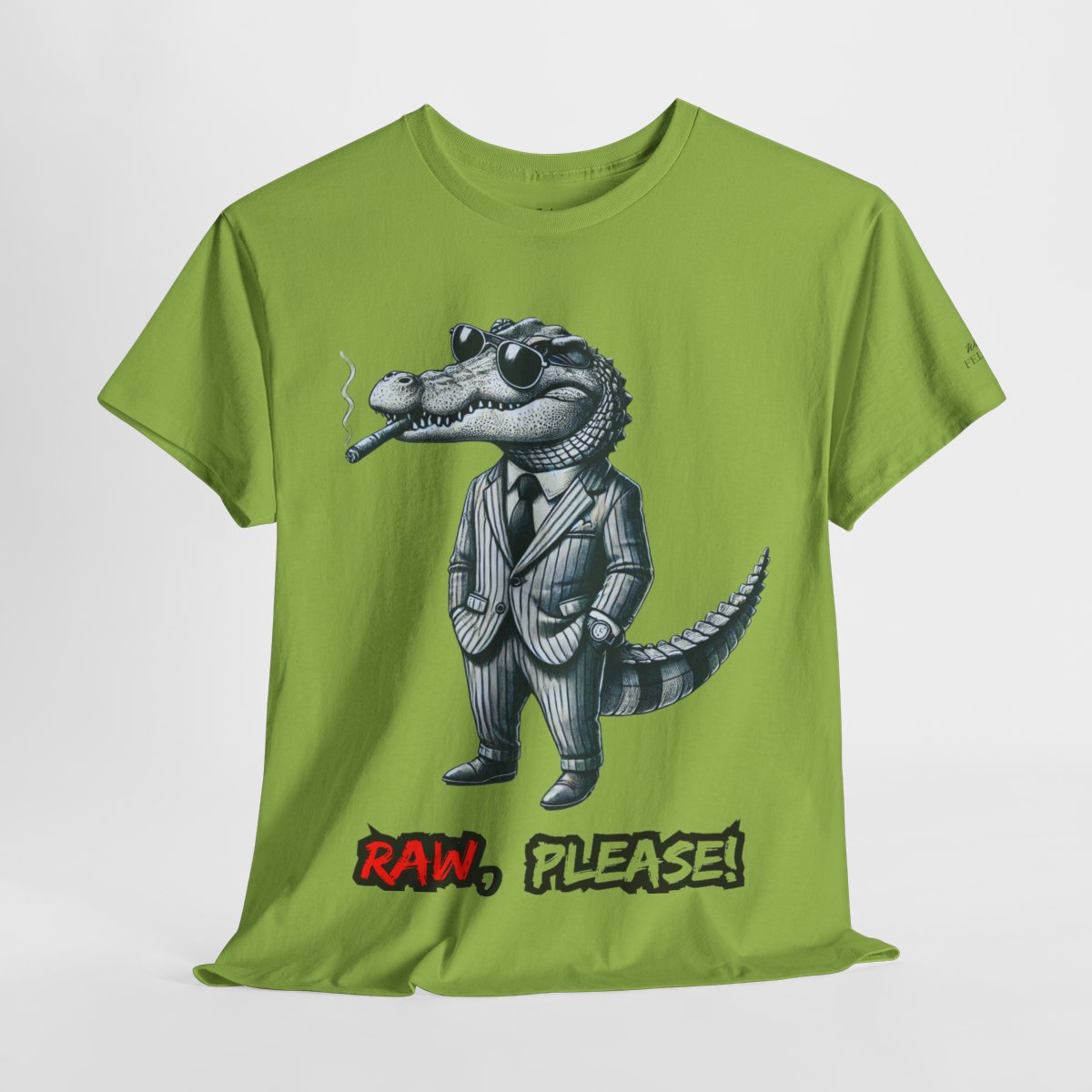 "Raw, Please!" Women's Heavy Cotton T-Shirt featuring a stylish crocodile in a pinstripe suit design