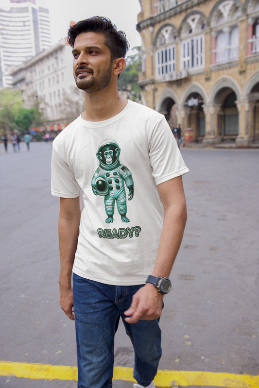 Men's heavy cotton T-shirt featuring a chimpanzee astronaut in a detailed spacesuit