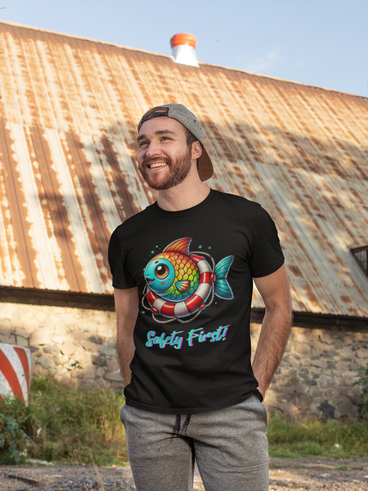 Men's heavy cotton T-shirt featuring a playful fish sitting in a life ring