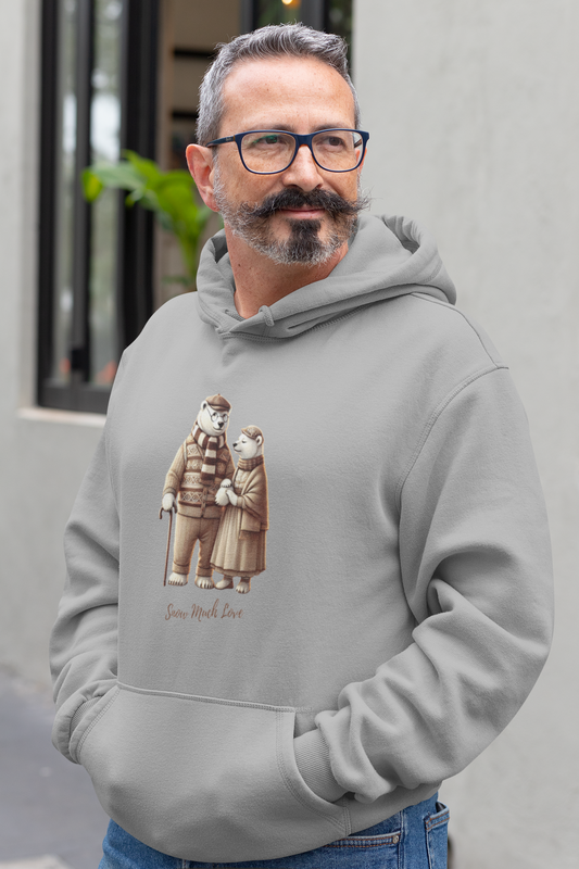 Snow Much Love unisex hoodie with Ice Bear elderly couple in vintage attire design.