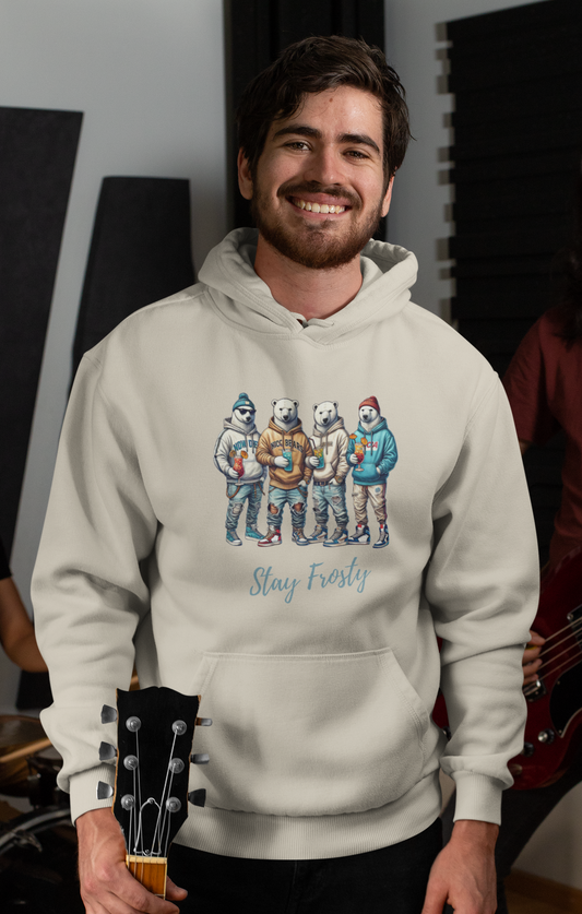 Stay Frosty unisex hoodie with Ice Bear squad in casual streetwear holding drinks.