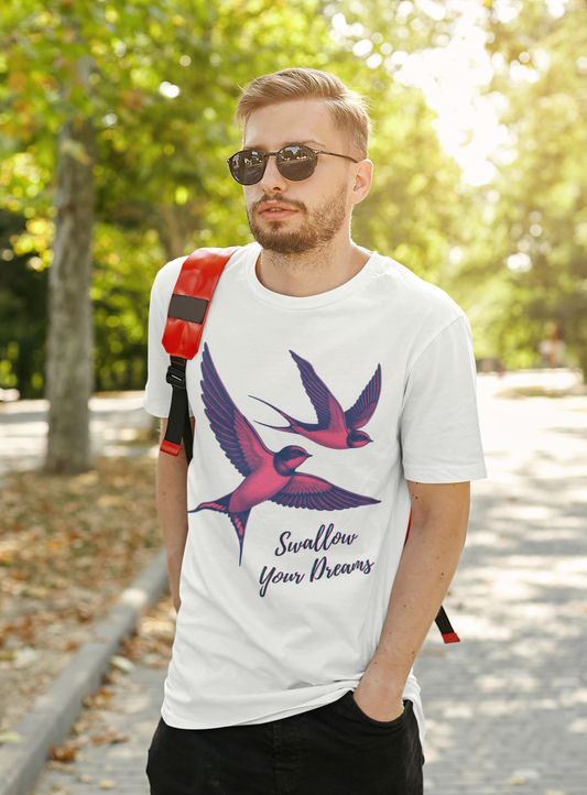 Men's heavy cotton T-shirt featuring love swallows in vibrant and detailed motion