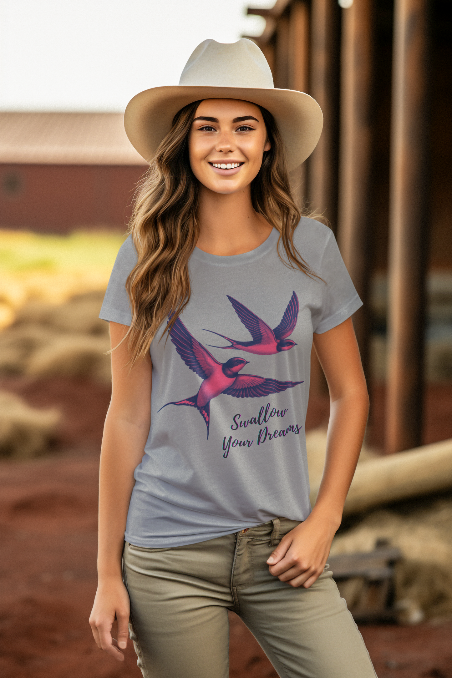 "Swallow Your Dreams" Women's Heavy Cotton T-Shirt featuring soaring swallows love design