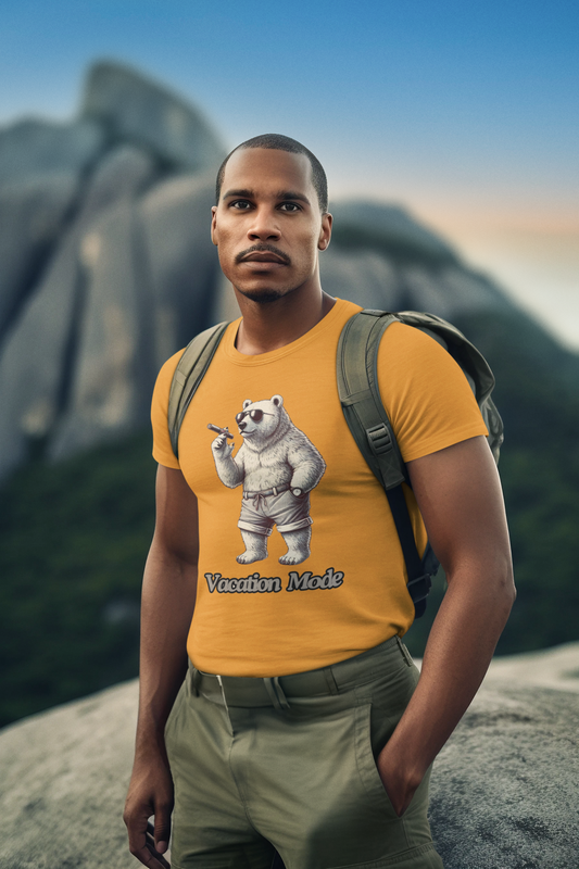 Men's heavy cotton T-shirt featuring a relaxed ice bear smoking a cigar