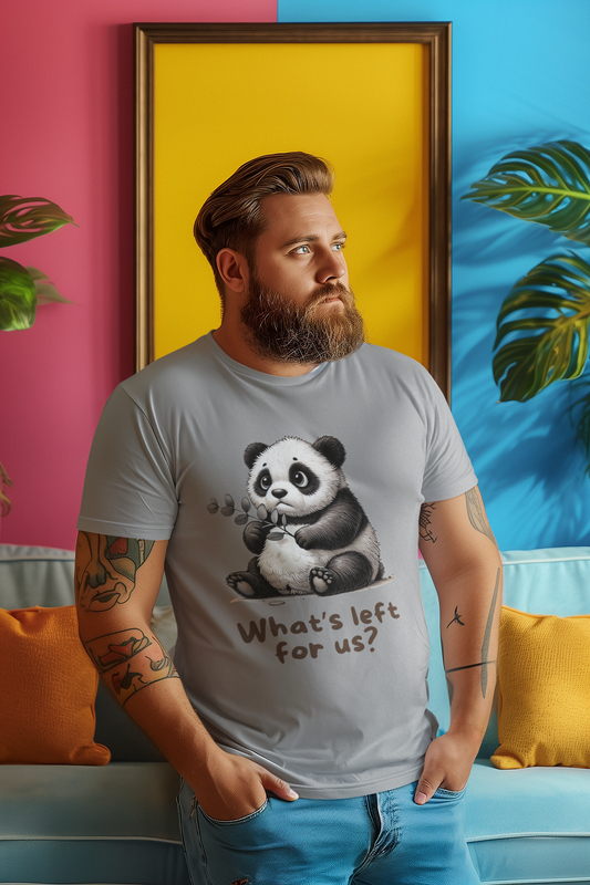 Men's heavy cotton T-shirt featuring a funny panda clutching a leaf