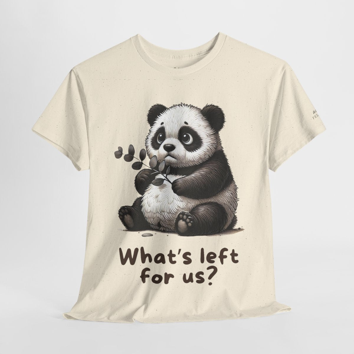 "What's Left for Us?" Women's Heavy Cotton T-Shirt featuring a thoughtful panda holding a branch design