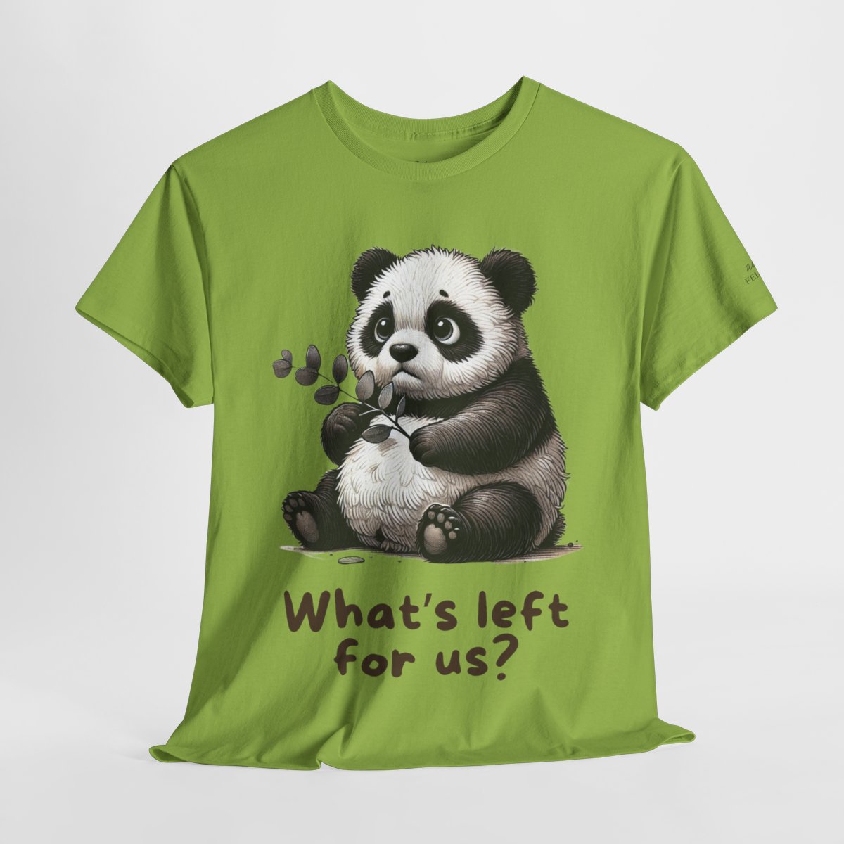 "What's Left for Us?" Women's Heavy Cotton T-Shirt featuring a thoughtful panda holding a branch design