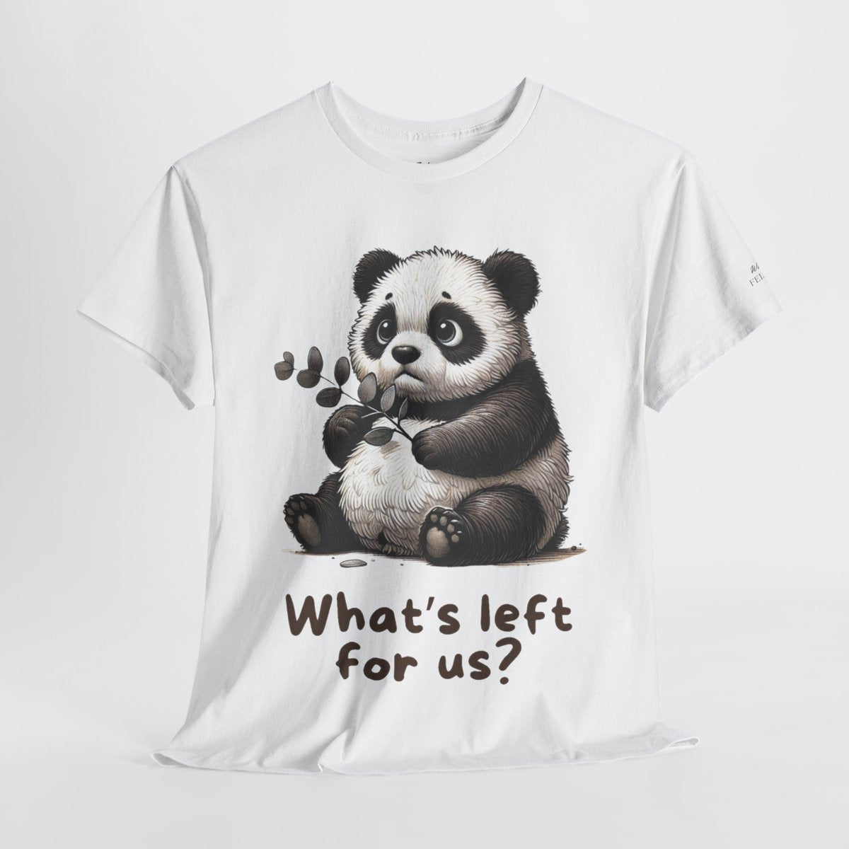 "What's Left for Us?" Women's Heavy Cotton T-Shirt featuring a thoughtful panda holding a branch design