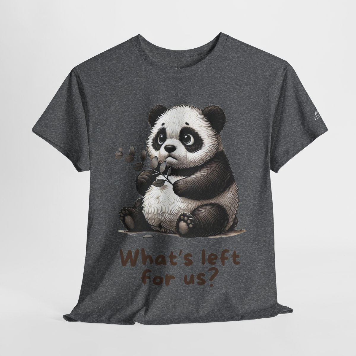 "What's Left for Us?" Women's Heavy Cotton T-Shirt featuring a thoughtful panda holding a branch design