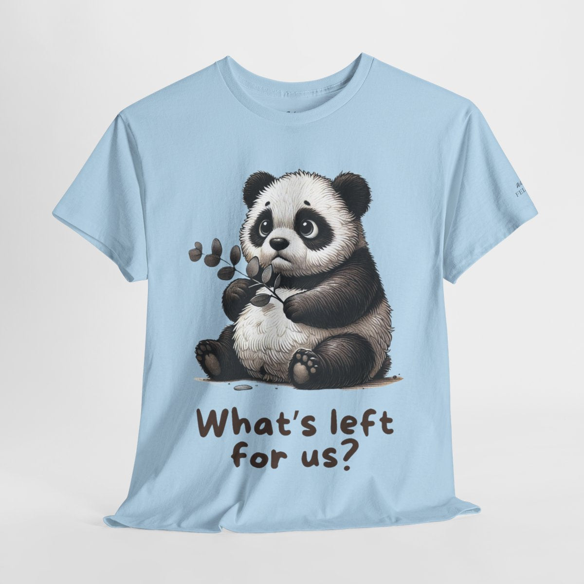 "What's Left for Us?" Women's Heavy Cotton T-Shirt featuring a thoughtful panda holding a branch design